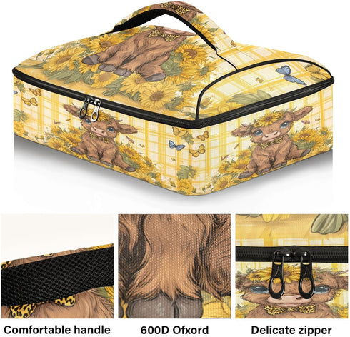 ALAZA Insulated Casserole Carrier for Hot or Cold Food, A Lovely Highland Cow Baby is Sitting Among Sunflowers with A