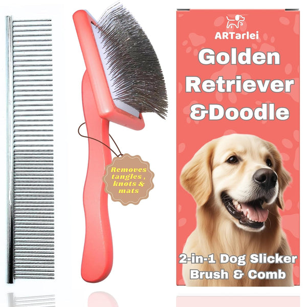 2-in-1 Slicker Brush & Comb for Golden Retriever & Doodle - Easy Detangling & Deshedding for Long Curly Haired Doodle