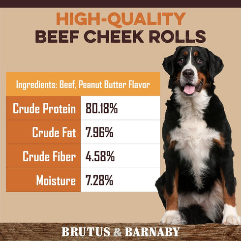 Premium Beef Cheek Rolls for Dogs 10-12" (5-Pack), Peanut Butter Flavored, Safe & Natural Rawhide Alternative Chews
