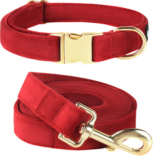 PetiFine Dog Collar and Leash Set, Adjustable Red Velvet Collar, Super Soft with Metal Buckle for Small Medium Large