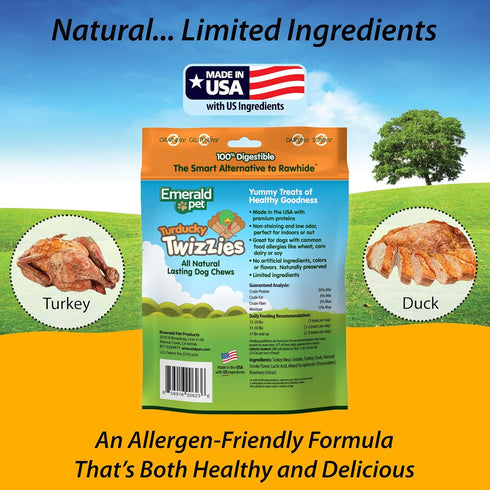 Emerald Pet Twizzies Rawhide Free 100% Digestible Natural Dog Chew Treats, Made in USA Size 6, Turducky