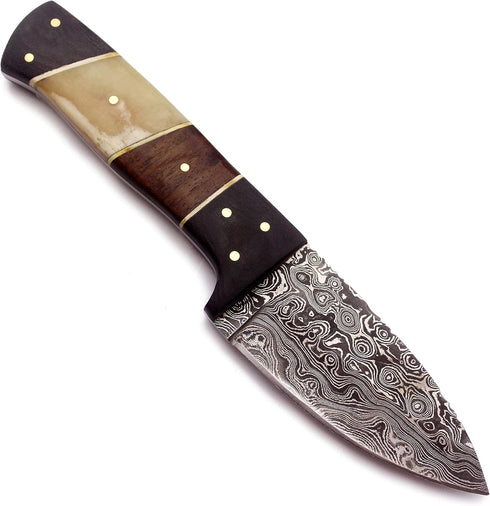 Handmade Damascus Steel Knife – Fixed Blade Dagger for Hunting, Survival, Camping – Full Tang Bone Handle with Sheath