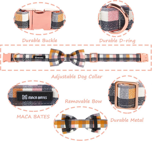 Maca Bates Checkered Dog Collar with Grid Bow Plaid Bowtie, Adjustable Breakaway Collars for Small to XL Dogs