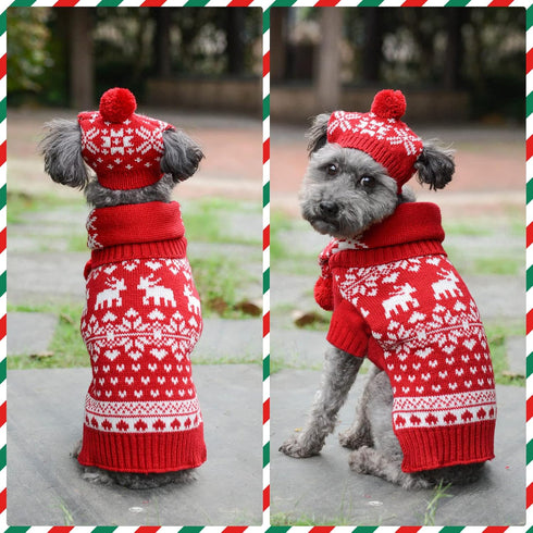 Dog Christmas Sweater Scarf and Hat Set, Cute Red Reindeer Snowflake Outfits for Small Dogs Cats, Large