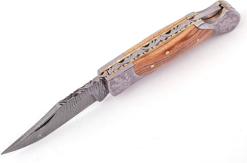Handmade Damascus Steel Blade Pocket Knife with Leather Sheath 5170 (Olive) - Best Gift for Men