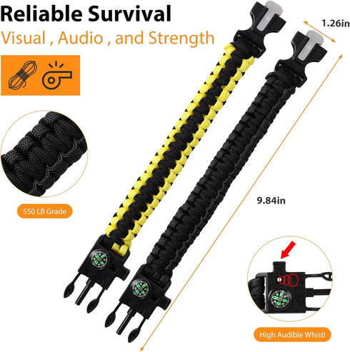 Survival Bracelets for Men - Paracord Tactical 5-in-1 Camping Gear Kit with 12-ft Detachable Parachute Rope, Fire