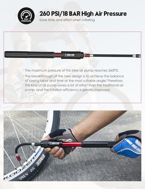 Tiakia Mini Bike Pump, Portable Compact Bicycle Pump, High Pressure Frame Pump 260PSI for Presta, Schrader & Woods