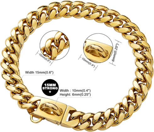 Gold Dog Chain Collar Walking Metal Chain - 18K Cuban Link with Design Secure Buckle for Medium Dogs (14MM, 20")