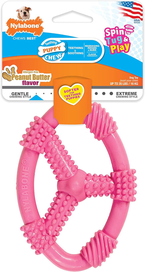 Nylabone Spin Tug & Play Pink Puppy Chew Toy for Teething, Peanut Butter Flavor, Medium/Wolf (1 Count)