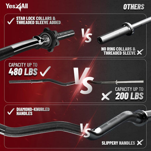 Yes4All 480LB Standard Straight Barbell 60" & EZ Curl Bar 47" - Weight Bar with Star Lock Collars