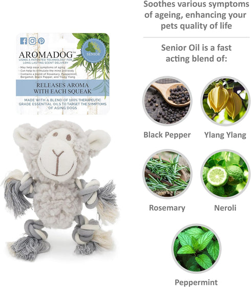 Senior Mini Fleece Dog Toy - Calming Lavender with Rope Arms/Legs, Grey, 15cm x 15cm for Senior Dogs