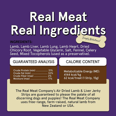 Real Meat Lamb & Liver Jerky Dog Treats, 8 Air-Dried Strips, Grain-Free Jerky Treats Made of 95% Free-Range Lamb