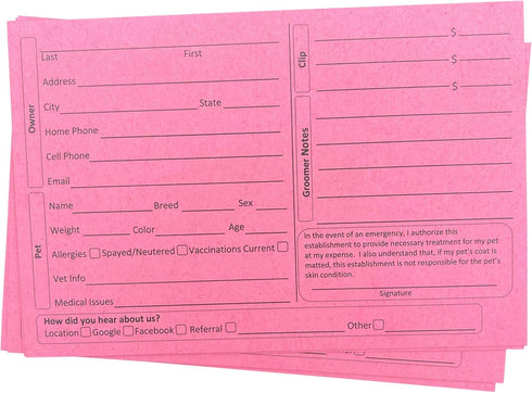 4X6 Pink Dog Grooming Client Cards (100 Pack, 4 X 6 Inches) for Pet Groomer, Veterinarians, and Kennels