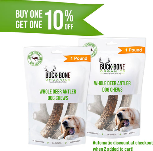 Buck Bone Organics Dog Chews, Deer Antlers for Dogs, Long Lasting Bones for Aggressive Chewers, All Natural, Med/Large