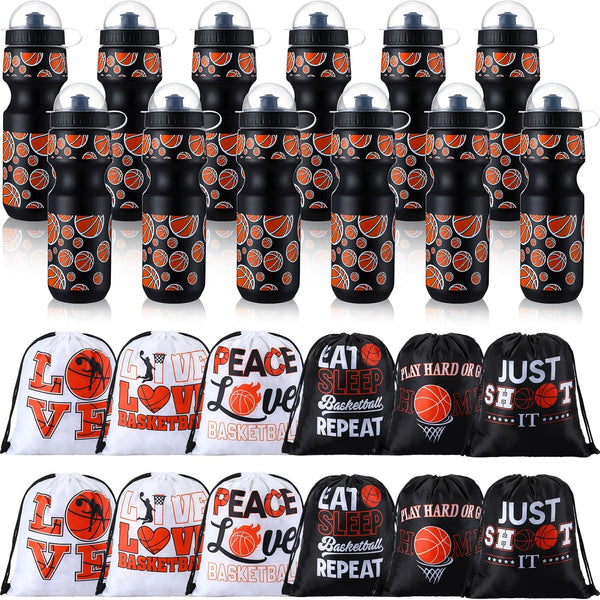 Hosuly 24 Pcs 24 oz Basketball Water Bottle Set, Drawstring Bag, 12 Reusable Plastic Tumblers for Party Favor (Orange,