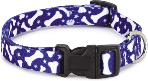 Nylon Pooch Patterns Dog Collar - Blue Bone - Fits Necks 10" to 16"