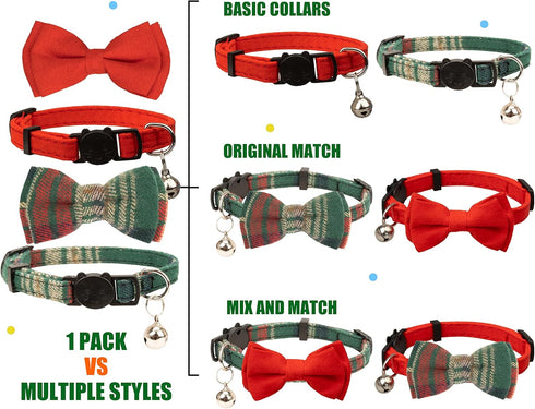 Breakaway Collar for Cats with Bell, Bowtie Floral Bow Detachable Adjustable Safety Puppy 2pcs Christmas-A