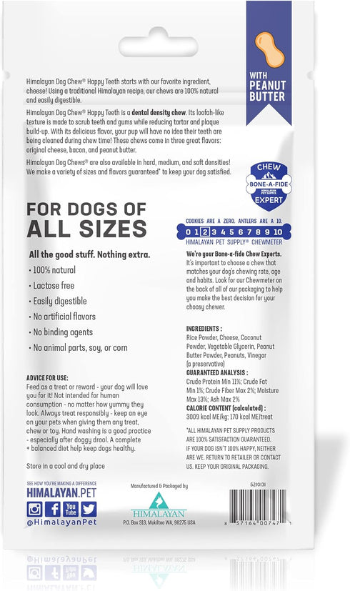 Happy Teeth Natural Cheese Dog Chews, Peanut Butter Flavor, Dental Chew, 2 Chews per Resealable Pouch