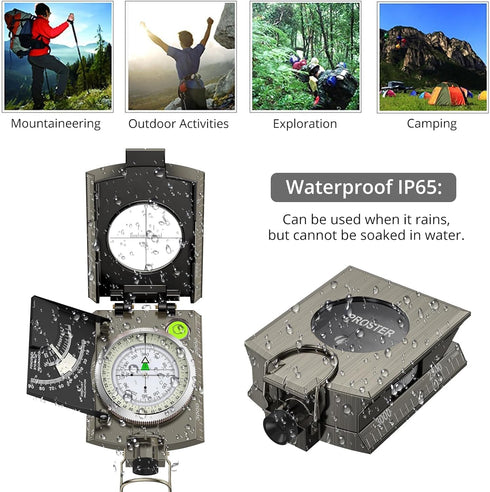 IP65 Proster Compass Hiking Survival - Lensatic Sighting Compass for Camping Navigation, Compass with Clinometer