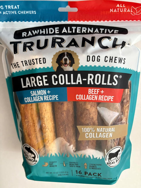 Truranch Rawhide Alternative Dog Chews, Large Colla-Rolls, Salmon, Beef, Collagen Recipe, 16