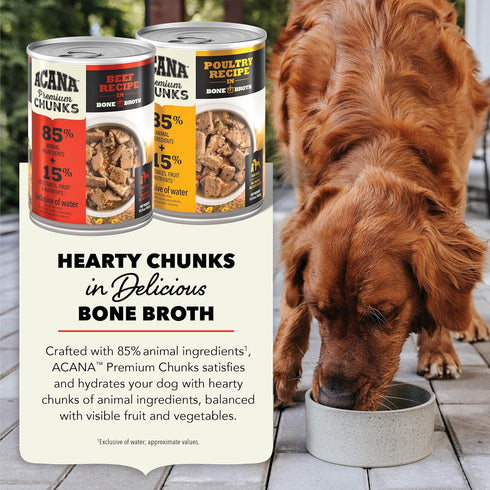 Pack: 12.8oz (6 Count, 3 ACANA Premium Chunks in Bone Broth Grain-Free Wet Dog Food Variety Beef + Poultry Recipes Cans