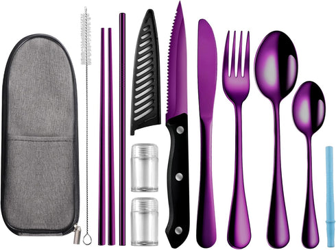 Portable Travel Utensils Set, Reusable Stainless Steel Flatware with Case for Camping, School, and Picnic