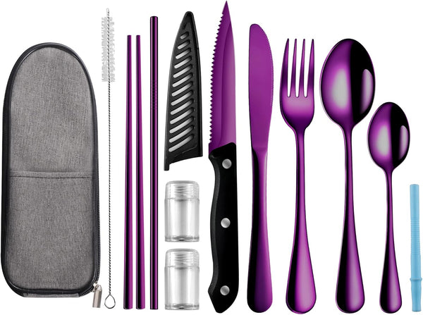 Portable Travel Utensils Set, Reusable Stainless Steel Flatware with Case for Camping, School, and Picnic