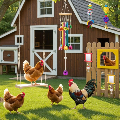 6 Soulchen Pieces Chicken Toys for Coop Chicken Wind Chime Enrichment Toys Kits Chick Mirror with Bells Swing Hanging