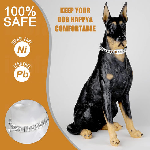 Dog Chain Collars, 12mm Cuban Link Dog Collar with Dog Tag Buckle for Small Medium Large Dogs (12“)