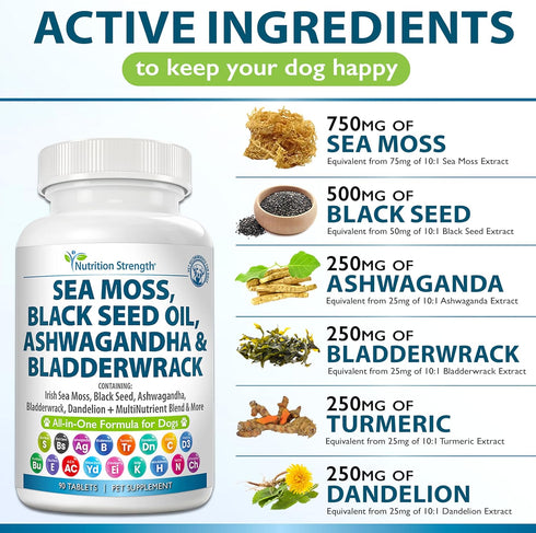 Sea Moss for Dogs - 750mg Black Seed Oil, 500mg Ashwagandha, 250mg Turmeric, 90 Tablets with Vitamin C & D3