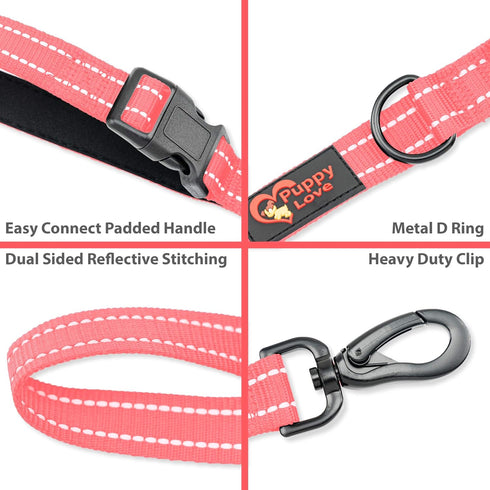 Puppy Love Reflective Dog Leash; 5ft for Medium and Large Dogs, Soft Nylon with Padded Handle (Pink)