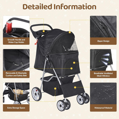 4 ZENY Foldable Pet Stroller, Cat/Dog Stroller with Wheel, Pet Travel Carrier Strolling Cart with Storage Basket, Cup