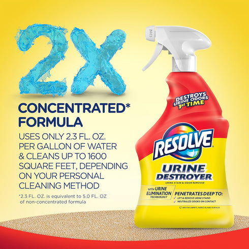 Resolve Urine Destroyer Spray Stain & Odor Remover, 32 Fl Oz, Transparent, No Flavor