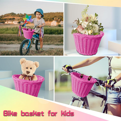 Kid's Adjustable Bicycle Basket Streamers Set, Front Handlebar Kit with Colorful Streamers, Bell, Windmill for Girls