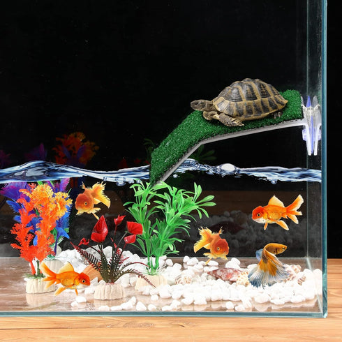 2 Pcs Medium Turtle Basking Platform Ramp with 6 Pcs Artificial Plastic Aquarium Plants for Small Reptile