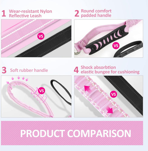IOKHEIRA Dog Leash for Large Dogs - Adjustable Bungee Leash with Car Seatbelt, 4-6 FT for Medium Dogs, Pink