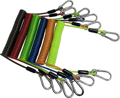 Retractable Fishing Tool Lanyard, Coiled Stainless Steel Heavy Duty Safety Rope Tether with Carabiner - 2 Pcs
