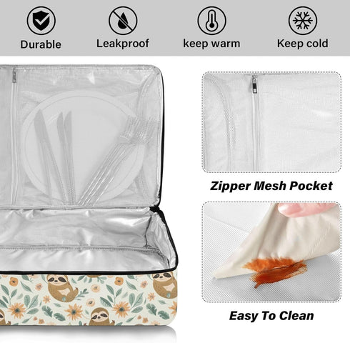 Seamless ALAZA Insulated Casserole Carrier for Hot or Cold Food, Funny Baby Sloths Floral Food Carrier for Potluck