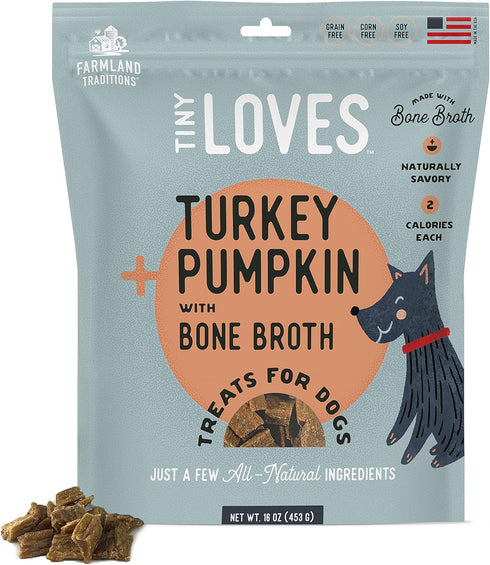 Farmland Traditions Tiny Loves Jerky Trainer Treats for Dogs with Bone Broth (Turkey & Pumpkin, 16 oz.)