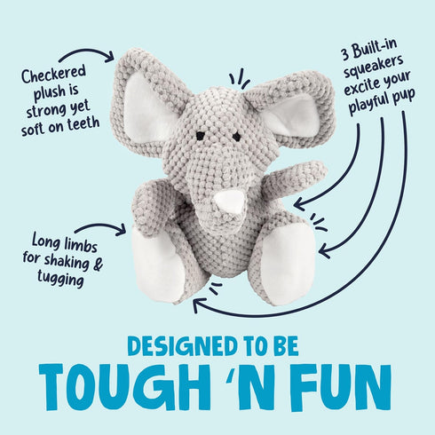 goDog Checkers Elephant Tough Plush Toy with Chew Guard Technology, Durable Checkered Fabric & Squeaker for Active