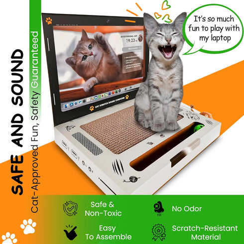 Cardboard Scratching Laptop for Cats - 3-in-1 Durable Corrugated Cat Scratcher with Toy Plush Fluffy Mouse & Bell Ball