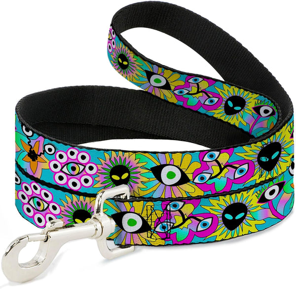 Buckle-Down Pet Leash, Funky Alien Flowers Aqua Blue Multi Color, 4 Feet Long, 1.0 Inch Wide