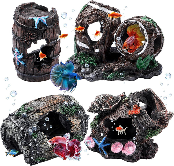 4 Pcs Fish Tank Decorations, Broken Barrel Aquarium Ornaments for Betta Hideout, Large Fish Tank or Small Shrimp