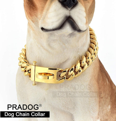 Designer Dog Gold Chain Collar, 15MM Cuban Link with Safety Buckle, Stainless Steel Walking Collars (15MM, 26")