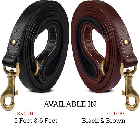 Heavy Duty Genuine Leather Dog Leash, Hand Made for Small, Medium & Large Breeds, Soft Padded Handle, Black, Brown, 5'
