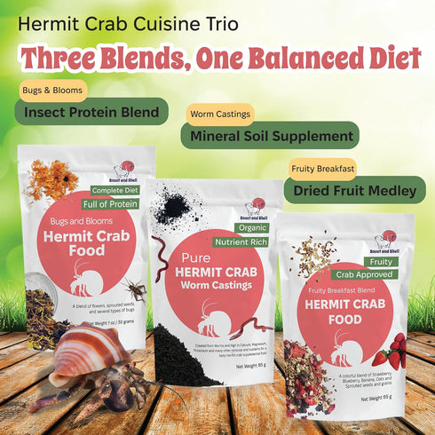 Pack Snout and Shell Hermit Crab Food Variety Fruity Breakfast, Bugs & Blooms, and Organic Worm Castings High-Protein