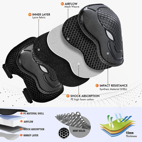 GEQID Kids Protective Gear Set, Knee Pads, Elbow Pads, Wrist Pad for Roller Skating, Boys Youth 5-12 Years Old (Black)