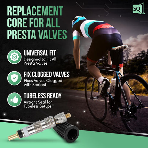Square1 Presta Valve Core Kit -10 Universally Compatible Presta Valve Cores, 1 Presta Valve Core Removal Tool & 10 Presta Valve Core Caps - Presta Valve Core for Tubeless Bike Tires by Square1