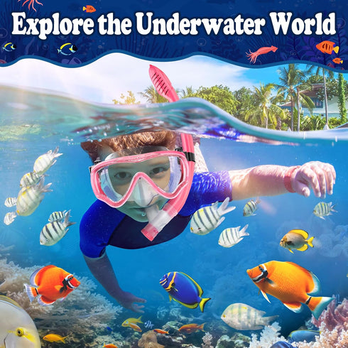 U PHITNIS Kids Snorkel Set - Dry Top Snorkeling Gear for Age 4-14, Childs Diving Mask with Big Eyes