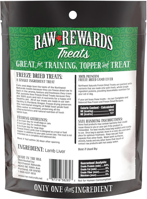 Northwest Naturals Raw Rewards Freeze-Dried Lamb Liver Treats for Dogs and Cats, 3 Oz